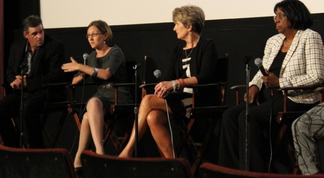 A panel discussion followed the screening of "Tough Love" at the Uptown. From left are Patrick Brown, Alena Ciecko, Judge Julia Garratt and Judge Patricia Clark. Photo by Leslie Brown. 