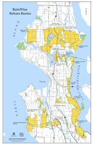 The yellow zones represent the current RainWise rebate eligible basin areas.