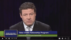 View the King County Connects Public Service Announcement focusing on the Vets 4 HIRE Program, featuring Councilmember Reagan Dunn and Army Veteran/ King County Employee Steve Stamper.