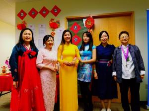 King County Elections staff Lunar Year Celebration, left to right, Kyung Jung (KC)-Korea, Signe Chan-China, Thanh Nguyen-Vietnam, Liwen Liu ( Lulu)-China, Jemi Kwon-Korea, Collen Kwan-